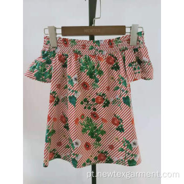 algodão estampado floral popeline smocking pescoço meninas top